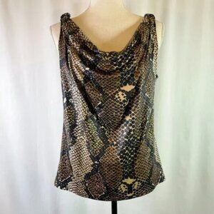 Ellen Tracy Snakeskin Print Top Drape Neck Sleeveless Black Brown Sheen Size L